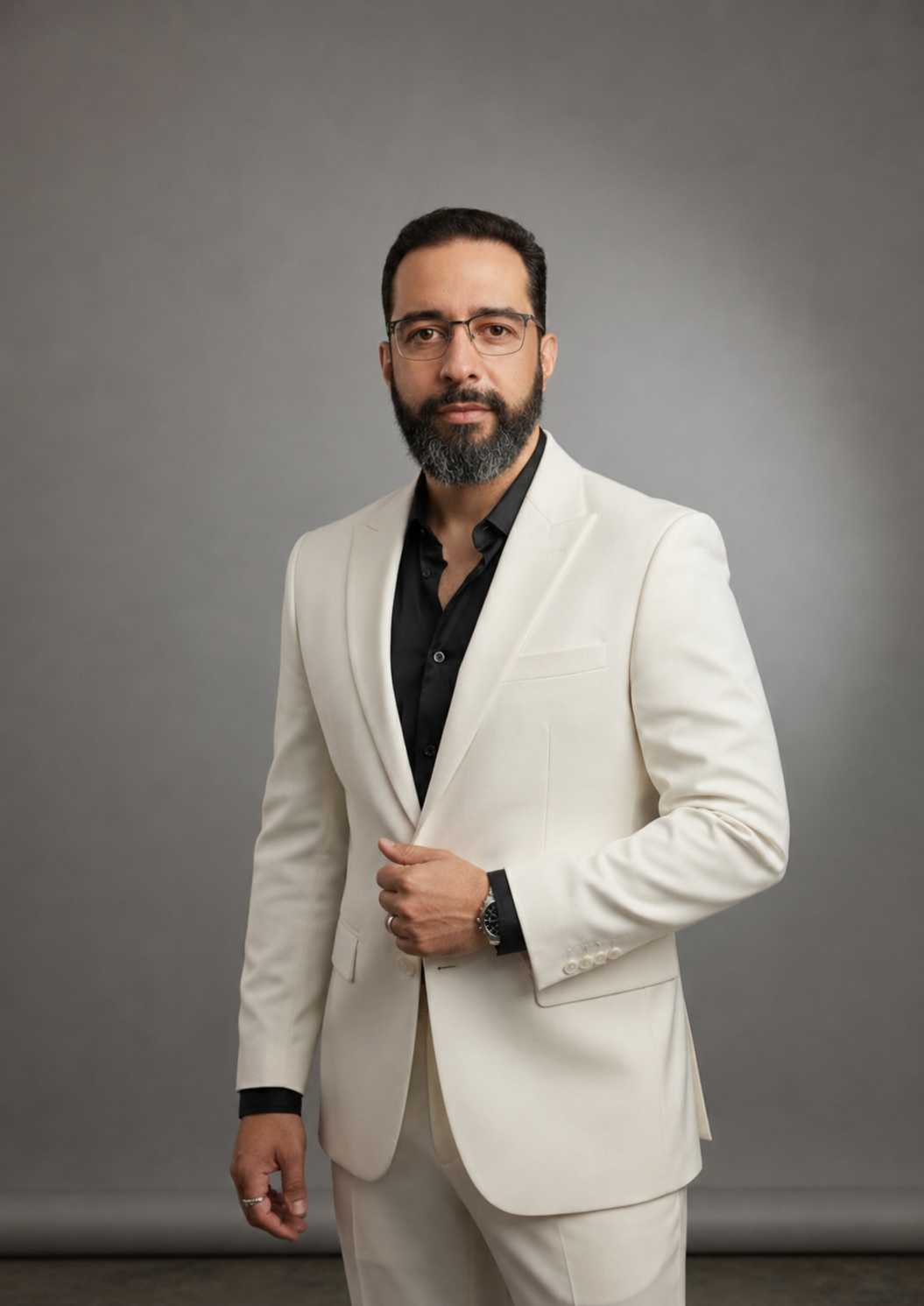 Retrato profissional de Dom Antônio Carlos com terno branco